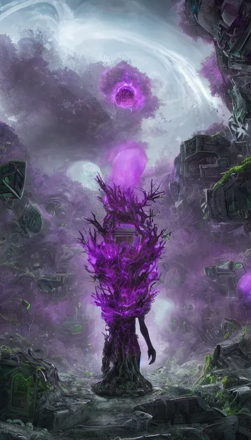 Image similar to a future scifi ancient god on the middle of a purple forest holding a portal that's about to explode, abandoned city with graffiti, sweat drops, insane, intricate, highly detailed, oil painting, smooth, sharp focus, Unreal Engine 5, 8K, art by Diego Velázquez