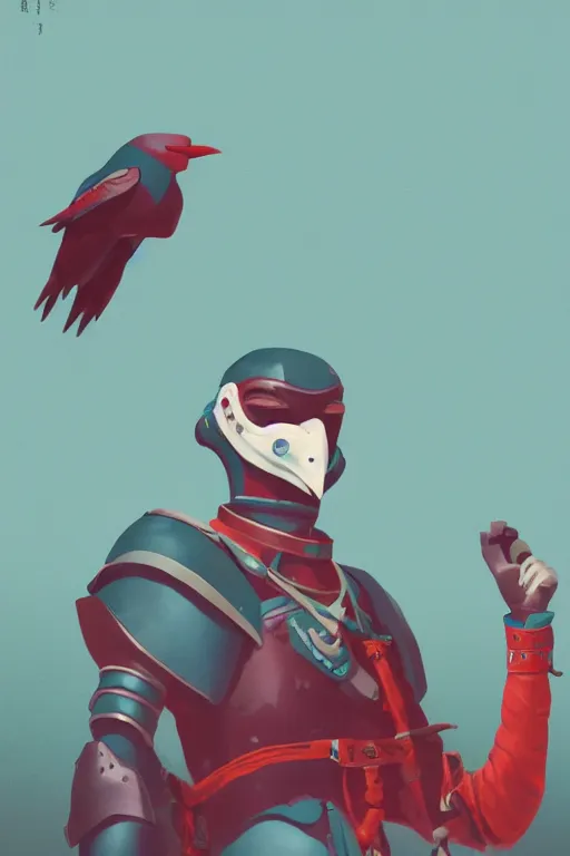 Prompt: female adventurer in tight full - body teal leather armor of japanese design with red accents and a white porcelain crow mask, trending in artstation, japanese, by simon stalenhag, establishing shot