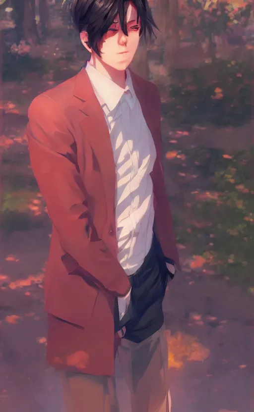 Image similar to a portrait of a male character on a park, vivid colors, soft lighting, atmospheric, cinematic, moody, in the style of ilya kuvshinov and range murata, krenz cushart, rule of thirds, oil on canvas, 8 k