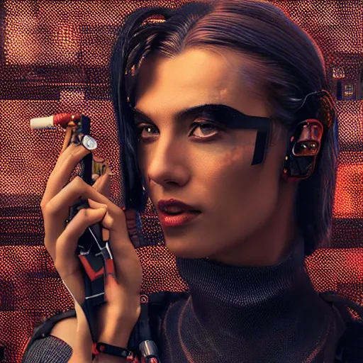 Image similar to cyberpunk woman, cigarette dangling, grenade in hand, by pascal blanche, ultradetailed, 8 k