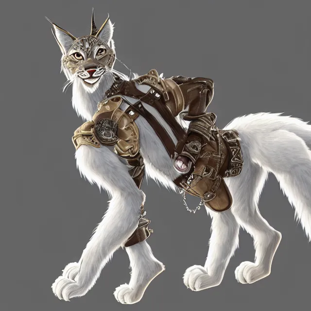 Prompt: the full body of anthropomorphic lynx fursona from behind wearing a steampunk suit as unimaginably beautiful, gorgeous, elegant, young lynx, an ultrafine hyperdetailed illustration by furaffinity, intricate linework, white fur, unreal engine 5 highly rendered, global illumination, radiant light, detailed and intricate environment