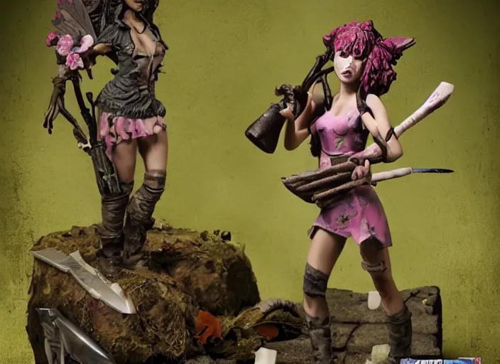 Image similar to an ominous femo figurine of a cute funny spear wielding fairy survivalist with bandages wearing a dirty floral torn dress featured on left 4 dead by studio ghibly and gamesworkshop, carrying survival gear in a large backpack, using a modelling knife as a spear, dark and moody atmosphere, hiding from zombies, 🎀 🗡 🧚