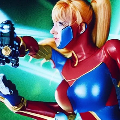 Image similar to a fantastically attractive samus aran shooting a metroid with her blaster