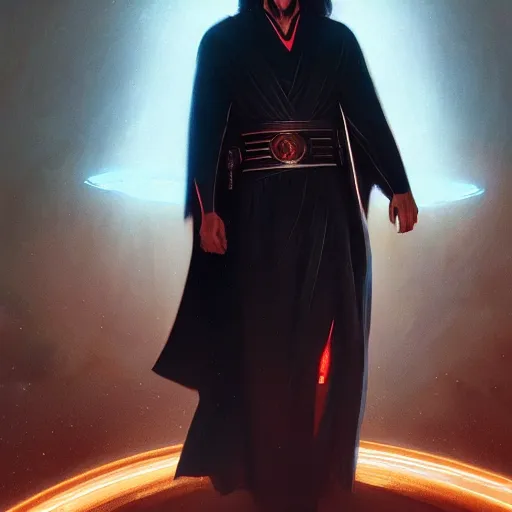 Image similar to keanu reeves as keanu reeves as darth revan by leonardo divinci, greg rutkowski, alphonse mucha, mystical cosmic lighting, octane render, artstation, rey tracing, golden ratio, rule of thirds, perfect composition