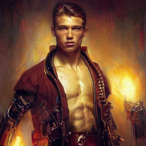 Prompt: handsome portrait of a young guy fitness posing, war hero, flexing, radiant light, caustics, by gaston bussiere, bayard wu, greg rutkowski, giger, maxim verehin