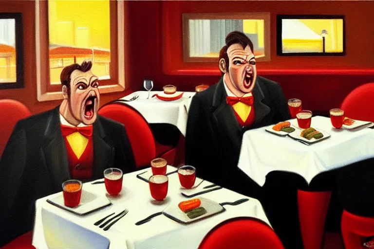 Image similar to a grumpy busser in a restaurant yells at the owner, art by dean macadam