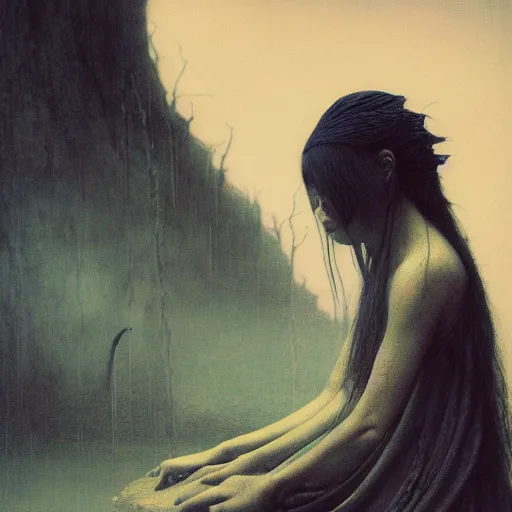 Prompt: ( ( ( ( ( by beksinski ) ) ) ) ), by zawadzki, by waterhouse, picture portrait of a modern yokai, haunting, photorealism, octane render, highly detailed, 8 k,