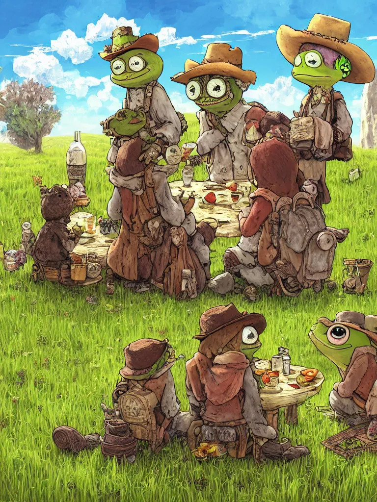 Prompt: resolution hyper realistic rustic weathered background happiness of pepe love and life made in abyss hallows peace and love read dead redemption 2 pepe the frog happy among family in a field sitting for a supper the value of love a clear prismatic sky, edge of nothingness love, warm ,Luminism, prismatic , fractals , pepe the frog , art in the style of Akihito Tsukushi and and Arnold Lobel , claymation