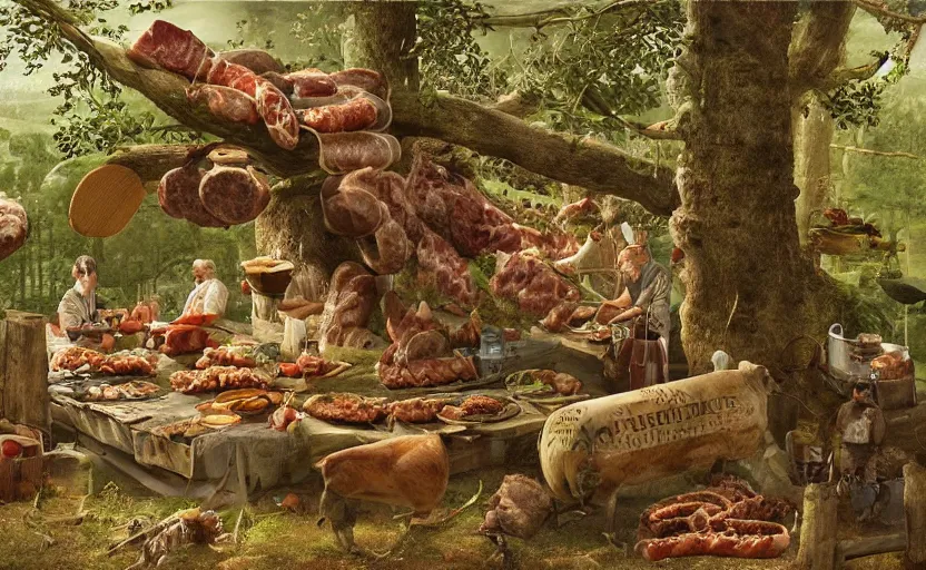 Prompt: a rotflügelsittich, sitting in the trees surrounded by meats and sausages, highly detailed, national geographic