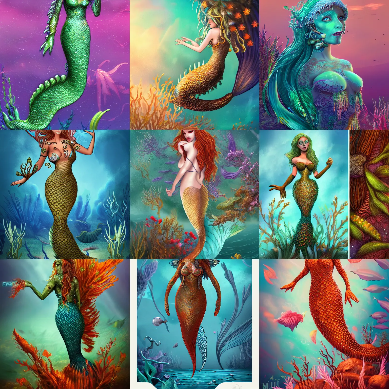 Prompt: mermaid in ancient alien autumn flora and fauna ocean sci-fi costume, stylized, highly detailed, trending on artstation, award winning