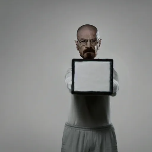 Image similar to walter white pushing a large grey cube in a large empty white room