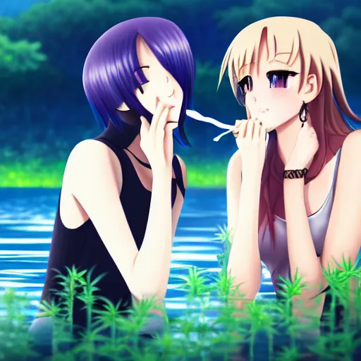 Image similar to two beautiful lesbian girls in love, smoking a weed joint with smoke, sitting in front of a lake, in the style of anime, close - up, highly detailed face, 4 k, artstation, intricate, elegant, highly detailed, lush, stylized, japanese, smooth