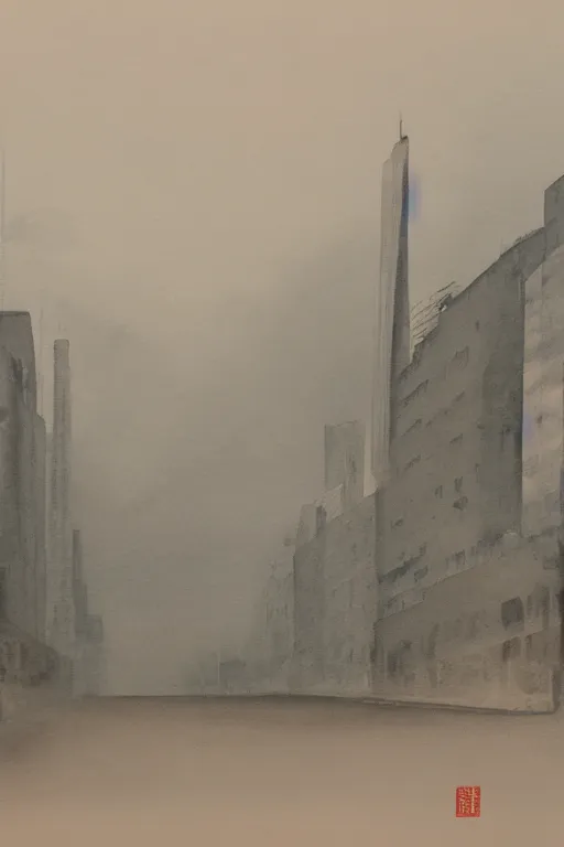 Prompt: A watercolor depicting an empty Wujiaochang, no people, gloomy weather, high contrast, smooth, by Joseph Zbikowicz, 8k