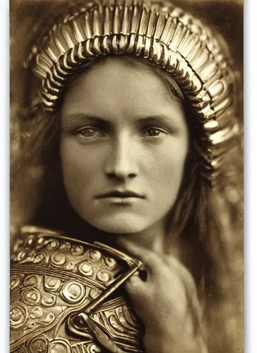 Prompt: close - up portrait of beautiful young woman dressed gladiator with metallic armor, art by julia margaret cameron