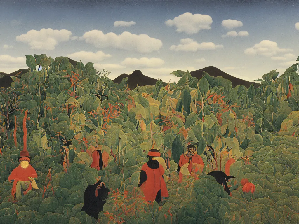 Image similar to Painting by Henri Rousseau depicting people wearing wild, tribal masks in an Icelandic sublime landscape.