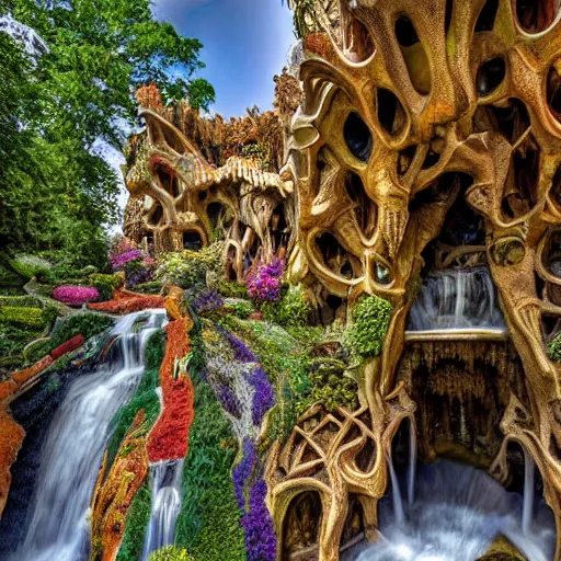 Image similar to valley village, waterfalls, flowers and intricate detailed visionary architecture and gardens by antoni gaudi, john stephens, alex gray