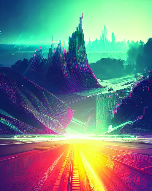 Image similar to Digital world, simulation theory, glitching, scifi, global illumination, unique landscape, fine details, perfect, 8k high detail, masterpiece, trending on ArtStation, by Alena Aenami, Petros Afshar, Liam Wong