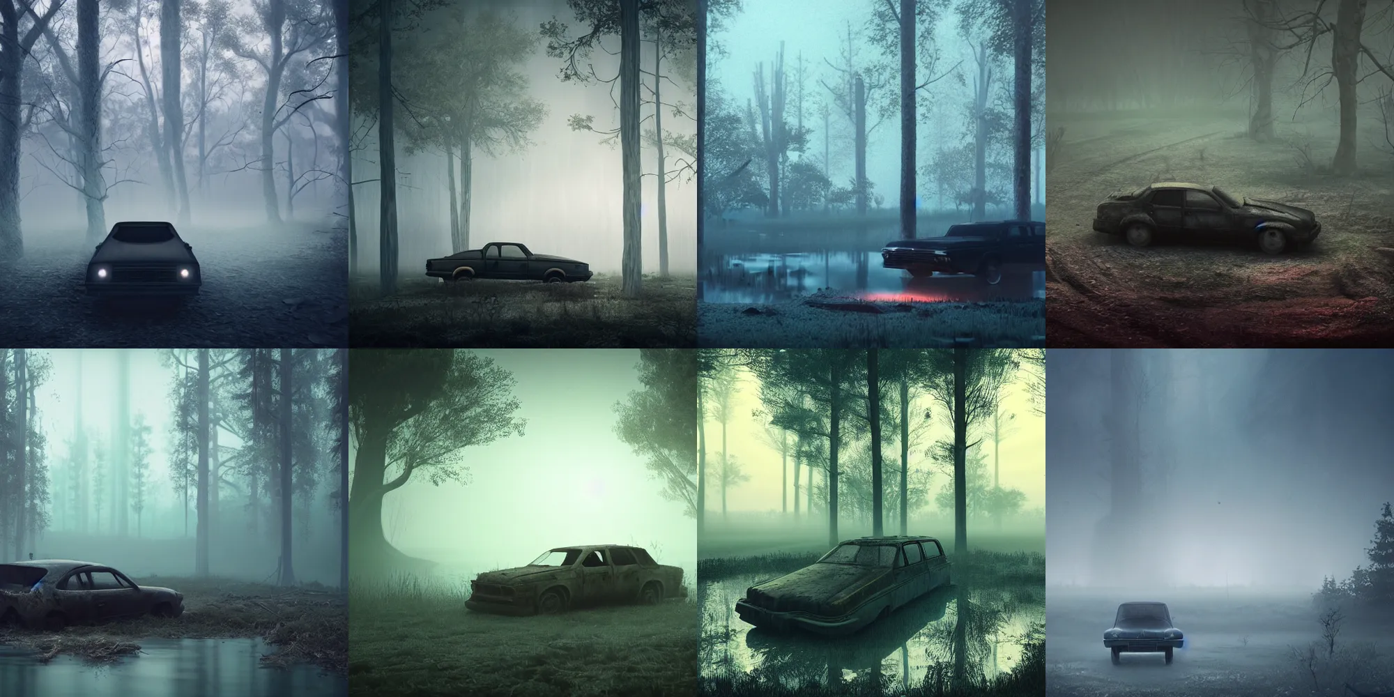 Image similar to beautiful dark creepy foggy swamp landscape, old abandoned car sinking, in the style of beeple and Mike Winkelmann, intricate, epic lighting, cinematic composition, hyper realistic, 8k resolution, unreal engine 5,