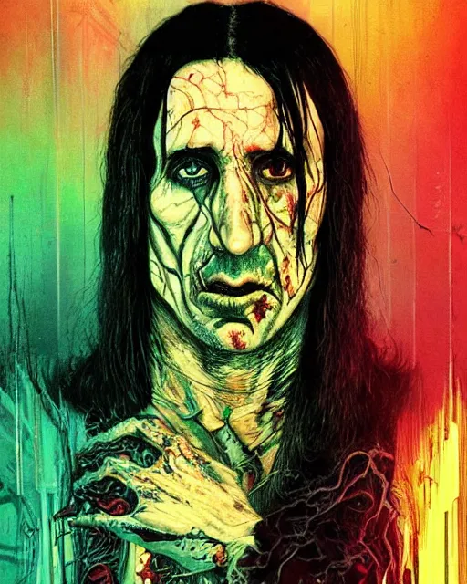 Image similar to trent reznor with long hair as a decaying zombie, horror, high details, bright colors, striking, intricate details, by vincent di fate, artgerm julie bell beeple, 1 9 8 0 s, inking, vintage 8 0 s print, screen print