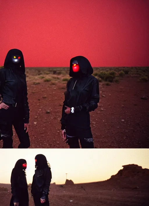 Image similar to cinestill 5 0 d photographic portrait of two loving clones, women wearing rugged black techwear on a desolate plain with a red sky, extreme closeup, diverse species, cyberpunk, in front of a brutalist dark metal facility, dust storm, 3 5 mm, 8 k, f / 3 2, high resolution, ultra realistic faces, beautiful faces