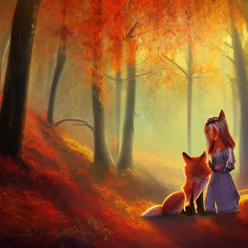 Image similar to A woman with a mystical fox companion, in a autumn forest, lifelike, light rays, volumetric, fox, magic, autumn, digital art, trending on artstation, by Toni Infante