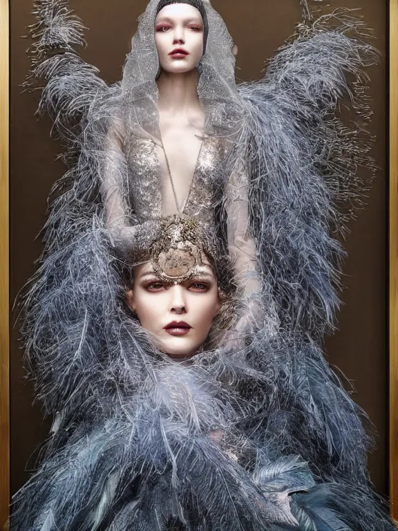 Image similar to realistic 3d character render of a beautiful model in the bergdorf goodman windows, veiled, embellished sequined,feather-adorned,by tom bagshaw,Cedric Peyravernay,William Holman Hunt,William Morris,Catherine Nolin,metropolis,Gucci,Dior,trending on pinterest,maximalist,glittering,feminine