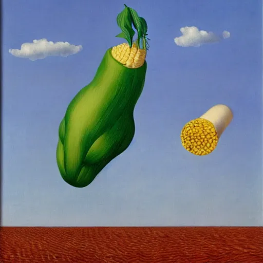 Image similar to The Son of Man painting by Rene Magritte but with an corn cob instead of an apple