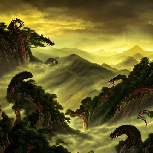 Image similar to a landscape painting of a golden serpent dragon flying over an ancient chinese forest, chinese dragon, intimidating clouds, ultrawide angle, depth of field, in a baroque style, 4 k, artstation