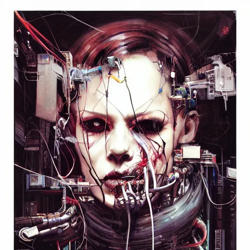 Prompt: in a dark room, a male cyberpunk hacker, skulls, wires cybernetic implants, machine noir steelpunk grimcore, in the style of adrian ghenie esao andrews jenny saville surrealism dark art by james jean takato yamamoto and by ashley wood