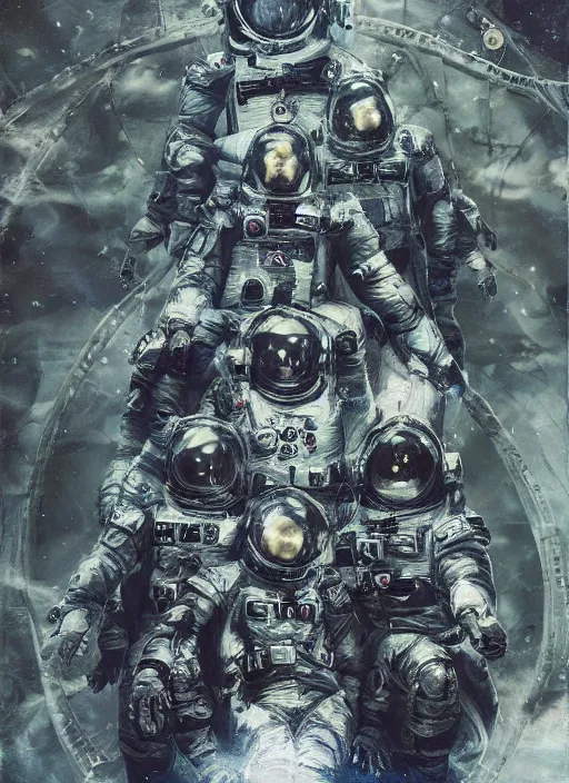 Image similar to astronauts in the dark infinite underwater void - complex and hyperdetailed technical suit, fabric material. reflection and dispersion materials. rays and dispersion of light. volumetric light. wide angle, f / 3 2. noise film photo. flash photography. ultra realistic, wide angle. poster by wayne barlowe, hajime sorayama aaron horkey, craig mullins