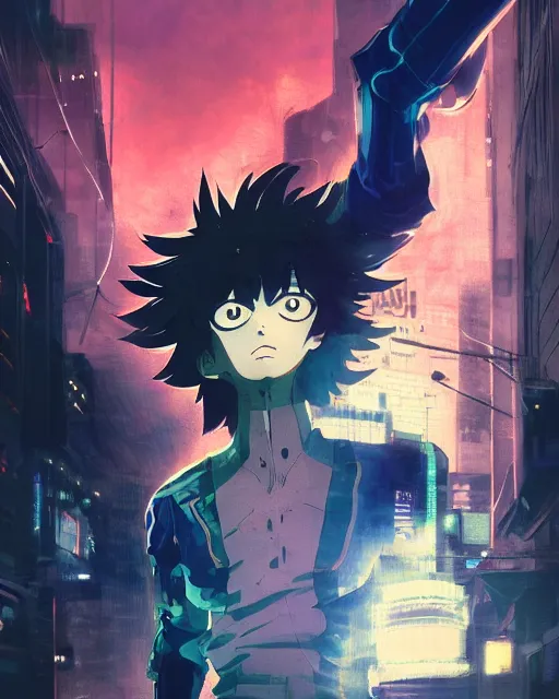 Image similar to portrait of a dream guide in night tokyo by makoto sinkai, my hero academia,cyberpunk, greg rutkowski, perfect face, fine details