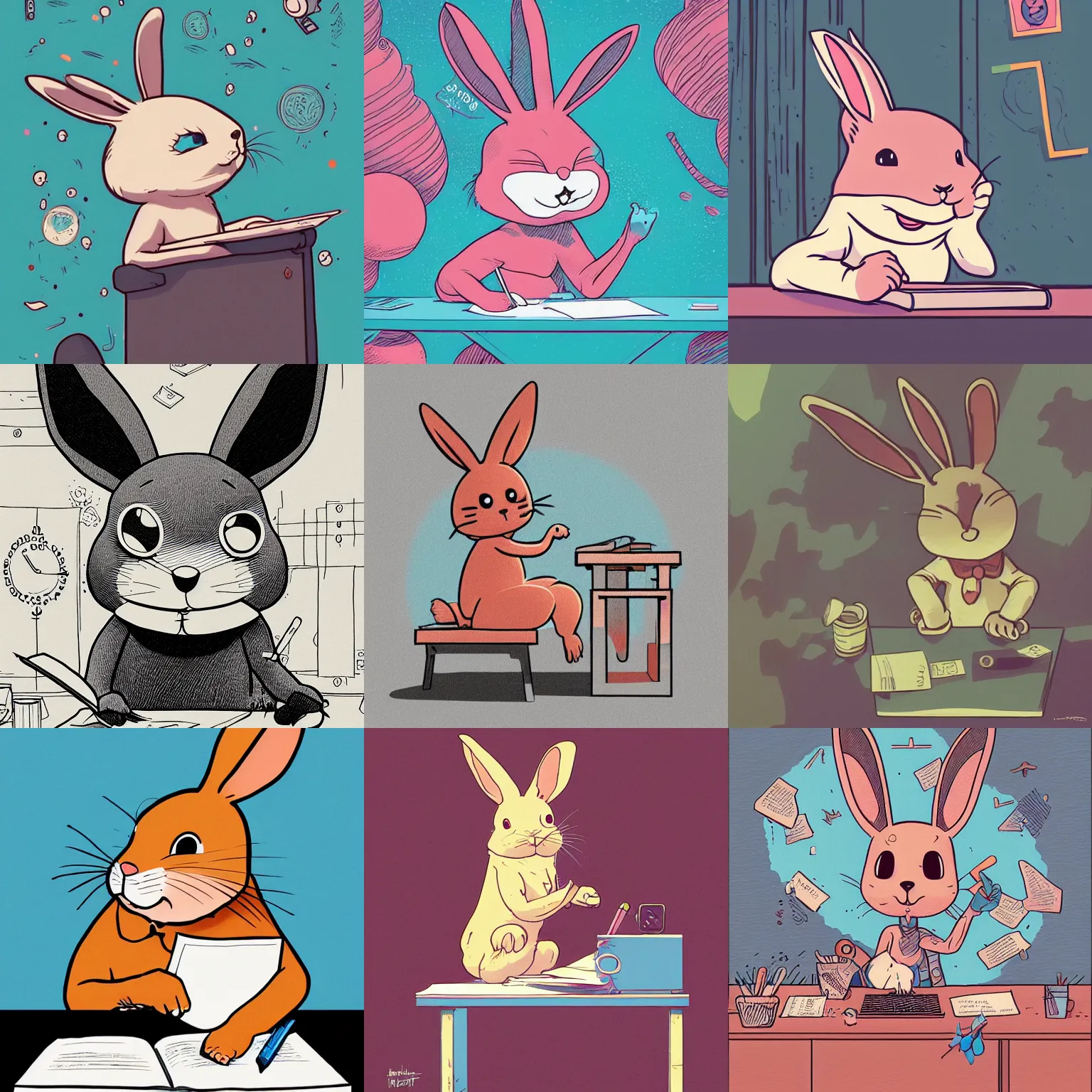 Prompt: a cute happy cartoon rabbit sitting at a desk writing on a paper, llustration, josan gonzales, wlop, james jean, Victo ngai, David Rubín, Mike Mignola, Hergé, Joost Swarte, Laurie Greasley, artgerm, highly detailed, sharp focus, Trending on Artstation, HQ, deviantart