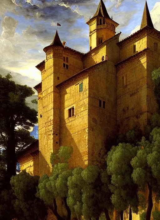 Image similar to lourmarin chateau in provence pattern texture, elegant, peaceful, hyper realistic, extremely detailed, dnd art, fantasy art, intricate fantasy painting, dramatic lighting, vivid colors, deviant art, artstation, by edgar maxence and caravaggio and michael whelan and delacroix.