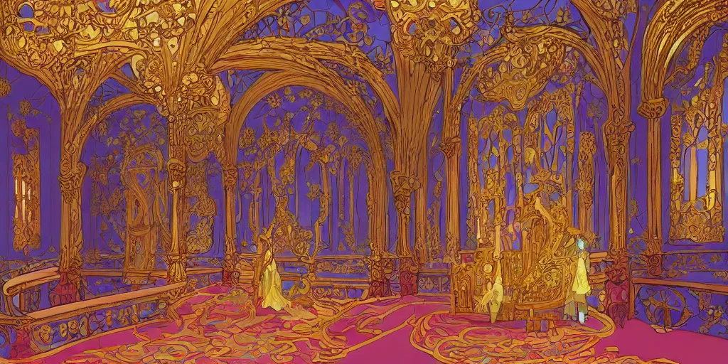 Image similar to an art nouveau decorated throne room in a palace, magical, bright, colorful, fantastic lighting, amazing details, 4 k uhd, illustration by hayao miyazaki and makoto shinkai and ilya kuvshinov, artstation, pixiv,