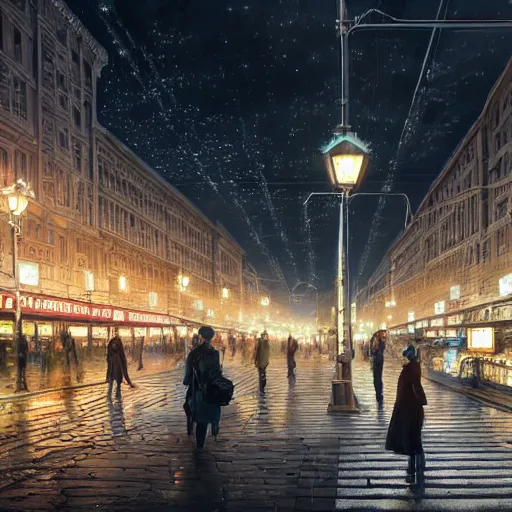 Image similar to ultra realistic illustration and highly detailed digital render of a intricate busy street by the central railway station, inside helsinki, finland, 2 0 2 2, by greg rutkowski and makoto shinkai, nighttime, dark sky, twinkly stars, amazing sky, migrating birds in the sky, colorful street lamps along road, natural stone road, asian style vendors