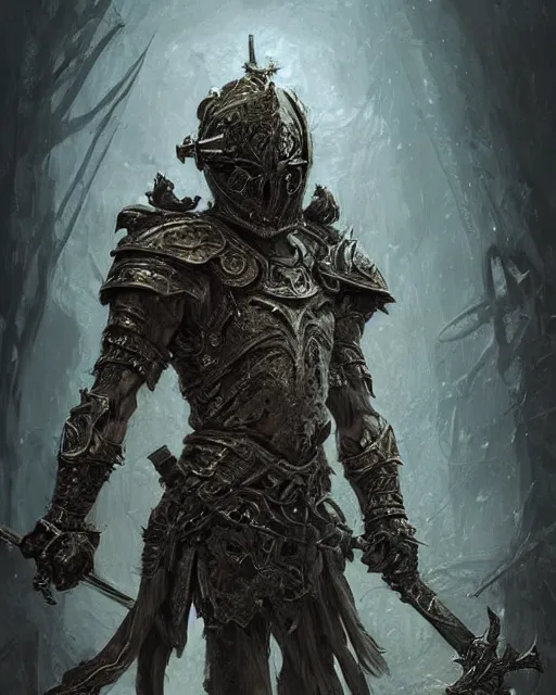 Image similar to skeletal warrior, intricate helm wielding a sword, hyper realistic, fantasy art, in the style of greg rutkowski, intricate, hyper detailed, smooth