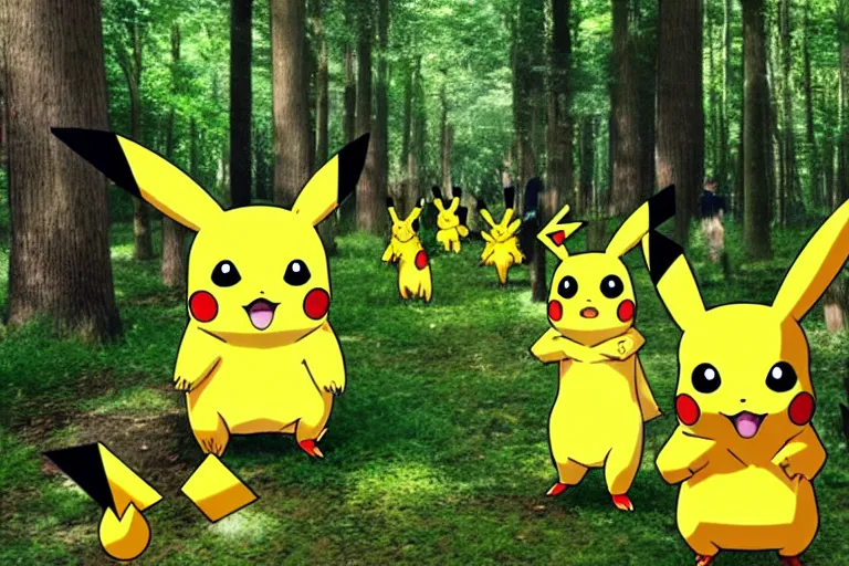 Image similar to an anime forest full of Pikachu