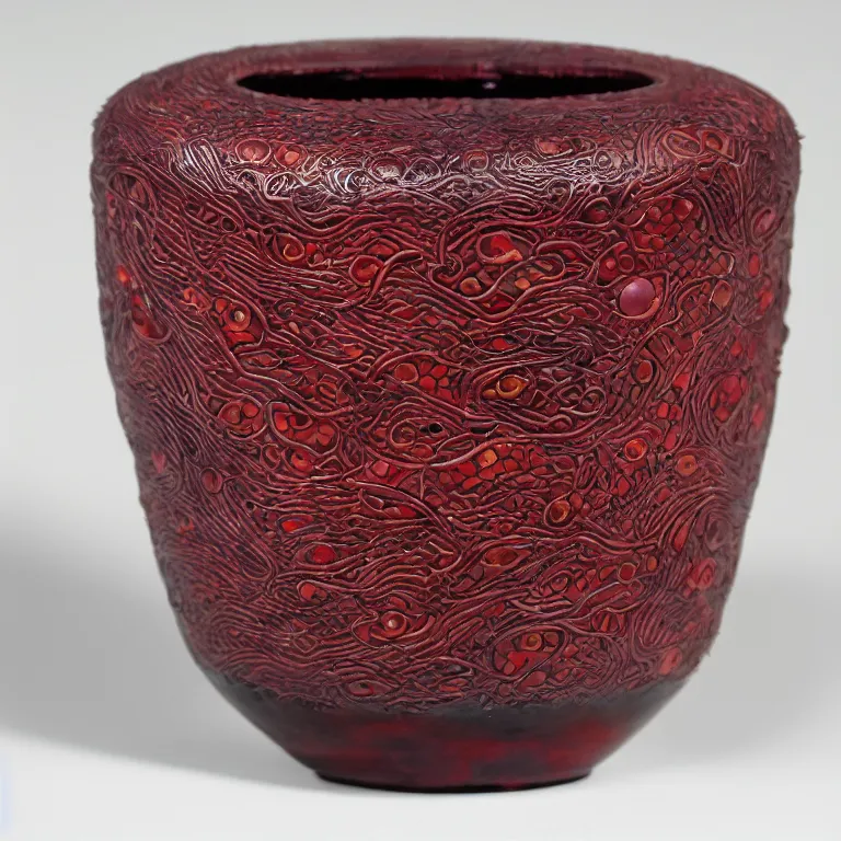 Prompt: Studio Photograph of Beautiful Handmade Yunomi intricately carved with Animal Eyes and painted with the image of Lizards by Paul Klee and covered with hairlike spikes, Oxblood glaze Bright Intense Colors shocking detail hyperrealistic trending on artstation