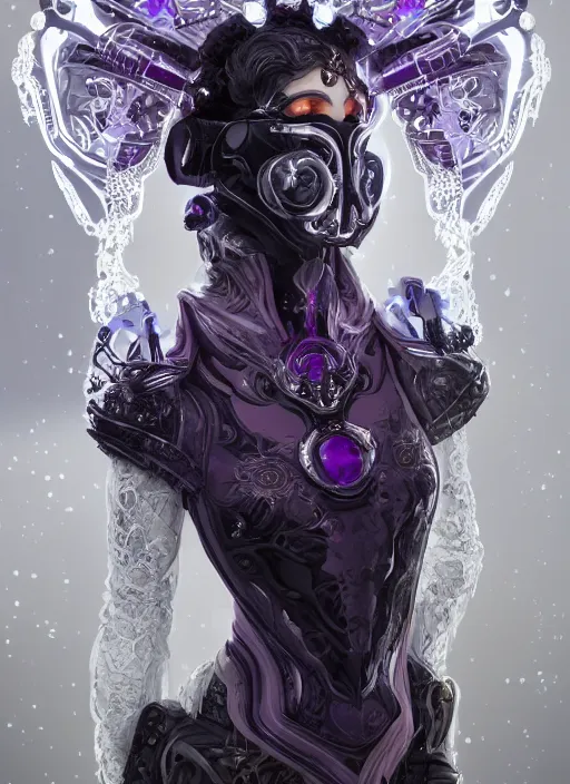 Image similar to a handsome male ornate cyborg with a white techwear mask, purple garment with art nouveau ivory accessories, dressed in black intricate lace and jewels, ethereal, misty, cyberpunk, darksynth, luxury, concept art by zeen chin, extremely detailed, artstation, andree wallin, edvige faini, alphonse mucha, 8 k, unreal engine 5