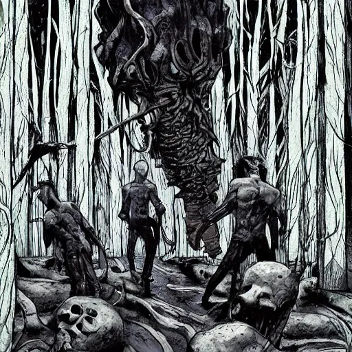 Image similar to sci - fi, hunters of monsters walking in a meat and bone forest, art by tetsuo hara