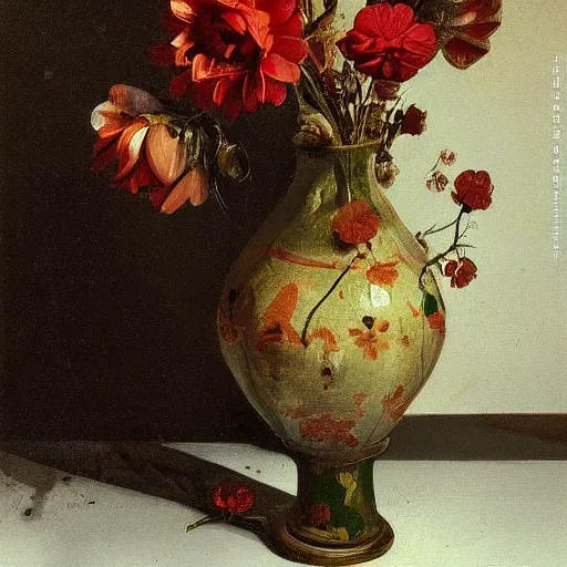Prompt: a cracked vase of flowers, broken vase, flowers, pottery, still life painting, artstation award, caravaggio