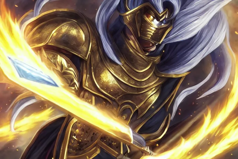 Prompt: an ultra detailed portrait of saladin as a shonen anime protagonist charging into battle wearing bright gold armor and huge flaming longsword blessed by god, epic anime fantasy, 8 k, volumetric lighting, smooth, highly detailed, digital illustration, art by kentaro miura and akira toriyama and albert bierstadt and greg rutkowsi, artstation