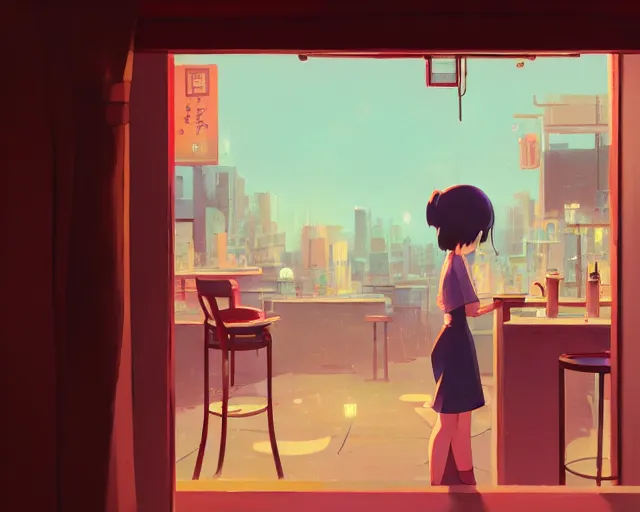 Prompt: seen through a window, tokyo bar, detailed, cory loftis, james gilleard, atey ghailan, makoto shinkai, goro fujita, studio ghibli, rim light, exquisite lighting, clear focus, very coherent, plain background, soft painting