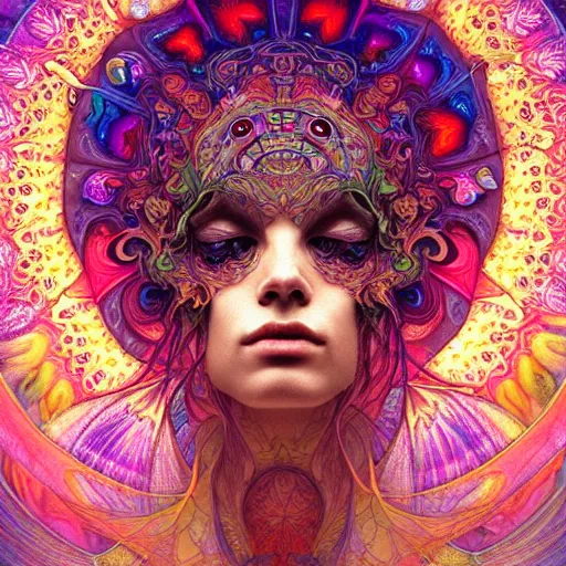 Image similar to An extremely psychedelic experience, reality bending, morphing, transforming, colorful, surreal, magic mushrooms, psilocybin, LSD, face, detailed, intricate, elegant, highly detailed, digital painting, artstation, concept art, smooth, sharp focus, illustration, art by Krenz Cushart and Artem Demura and alphonse mucha