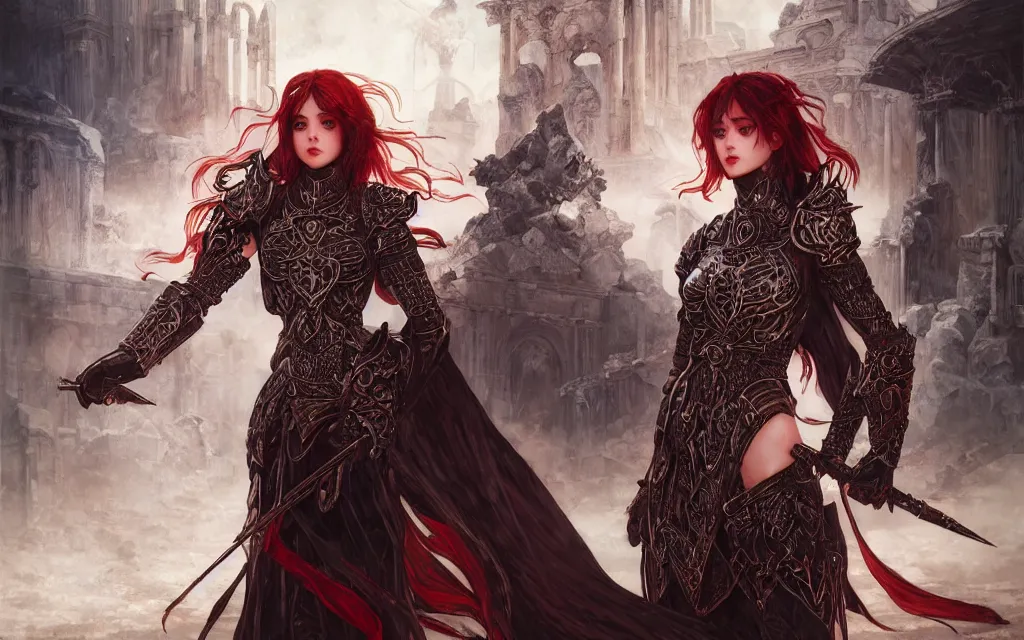 Image similar to knights of zodiac girl + smoky eyes, black and reddish armor, knight cinematic shot, in ruined agora of athens, ssci - fi and fantasy, intricate and very very beautiful and elegant, highly detailed, digital painting, artstation, concept art, smooth and sharp focus, illustration, art by tian zi and wlop and alphonse mucha