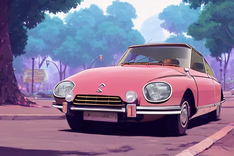 Image similar to a wholesome animation key shot of!! one!! focused! 1 9 7 4 citroen ds! in the street, medium shot, studio ghibli, pixar and disney animation, sharp, very detailed, high resolution, rendered in unreal engine 5, anime key art by greg rutkowski, bloom, dramatic lighting