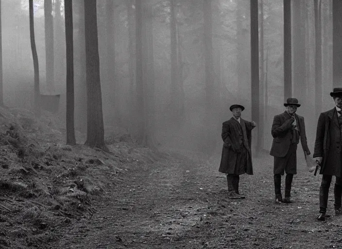 Image similar to an dramatic scene from peaky blinders, medium long shot, filmed in the dark woods, a cabin in the background, leonardo dicaprio and daniel day - lewis, faces covered in shadows, detailed and symmetric faces, black and white, cinematic, epic,