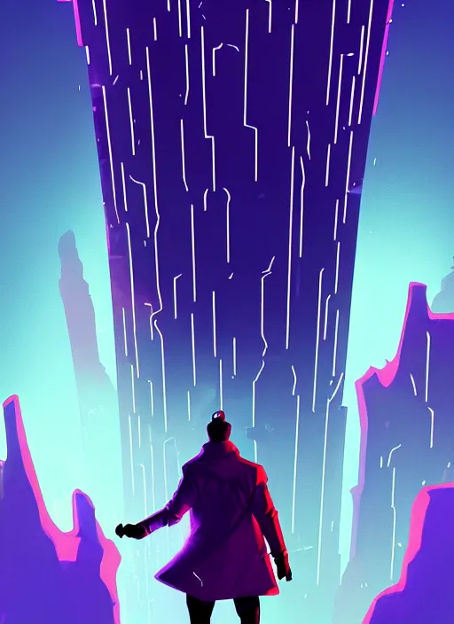 Prompt: comic book art of a [ man ] in trenchcoat with ( glowing ) [ gloves ] and [ boots ] in a [ jungle ] looking up at a [ tower ] extending into the sky made of crystalized glowing rock,, low angle, artstation illustration, elegant, cyberpunk, volumetric fog, arcane by tim doyle