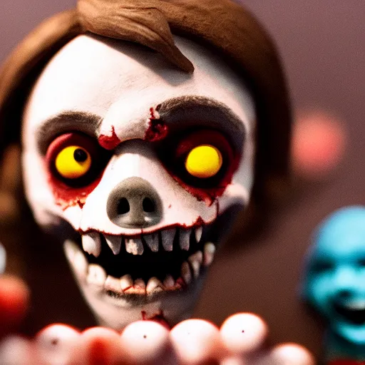 Image similar to a cinematic film still of a claymation stop motion film starring a cute zombie, shallow depth of field, 8 0 mm, f 1. 8