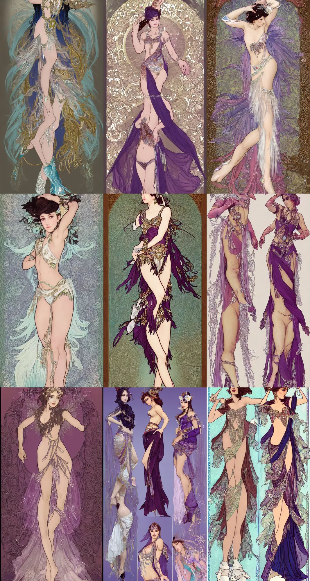 Prompt: Character concept and fashion spot illustrations from the Final Fantasy Ice Skating Belly Dancer mashup, full-body, bloom, dynamic poses, diaphanous cloth, intricate crystalline and feather jewelry, ornate, filigree, arcane, cinematic lighting, by Alphonse Mucha, by Artgerm, by Bouguereau, by Sakimichan, fantasy, portfolio illustration, highly detailed, trending on Artstation, CGsociety, HQ, 8k, 35mm lens, f2.8, Bokeh,